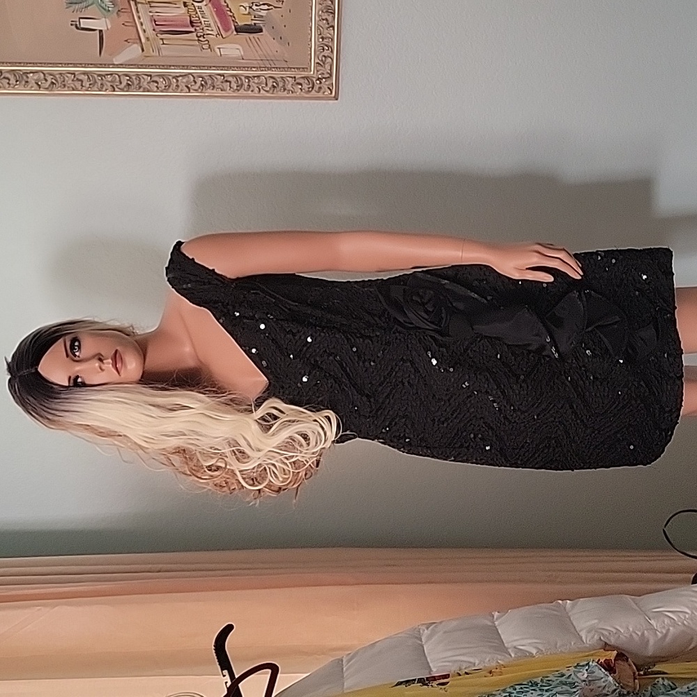 Vibtage 80s black sequin embroidered bow cocktail dress LBD 13/14